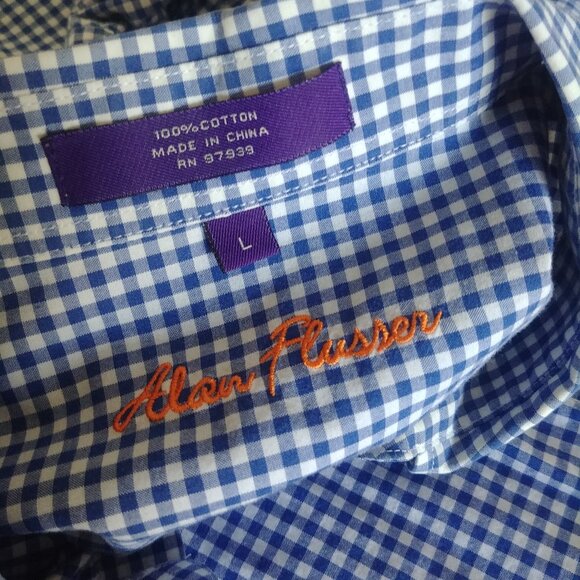 Alan Flusser Mens Large 100% cotton blue white checked button down shirt - Picture 12 of 16